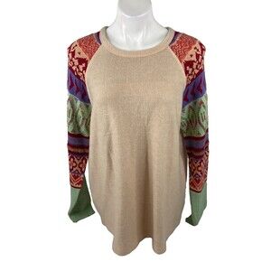 Easel Women Large Santa Fe Sweater Tan Southwestern Pattern Soft Casual
